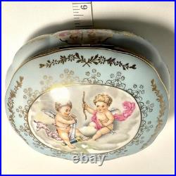 Rare Antique German Kalk Porcelain Jewelry Box Angels Gold Handpainted 1900s