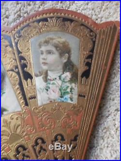 Rare Antique Victorian Girls Fan Shape Scrapbook + Vintage German Die Cuts