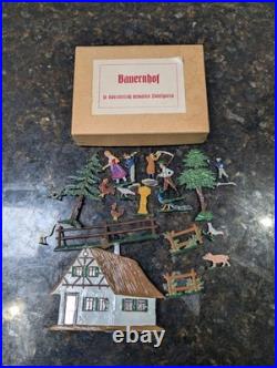 Rare Antique Vintage Bauernhof German Lead Metal Farm Toy 20 Piece Set Orig Box