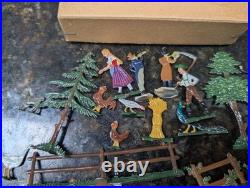 Rare Antique Vintage Bauernhof German Lead Metal Farm Toy 20 Piece Set Orig Box