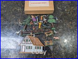 Rare Antique Vintage Bauernhof German Lead Metal Farm Toy 20 Piece Set Orig Box