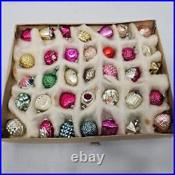 Rare Boxed 35 Vintage German Poland Small Glass Christmas Feather Tree Ornaments