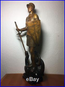 Rare Fine Antique German Vintage wooden hand carved Saint George & Dragon statue