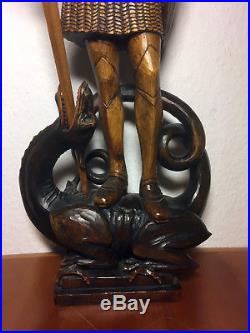 Rare Fine Antique German Vintage wooden hand carved Saint George & Dragon statue