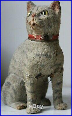 SCARCE ANTIQUE GERMAN TOY CAT WITH VOICE HEIGHT 25CM Circa 1900 MOHAIR ON WOOD