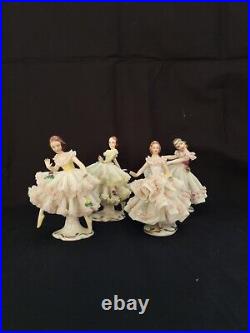 Set of 4 vintage antique German Dresden Porcelain lace figurine dancer/woman Set of 4 vintage antique German Dresden Porcelain lace figurine dancer/woman