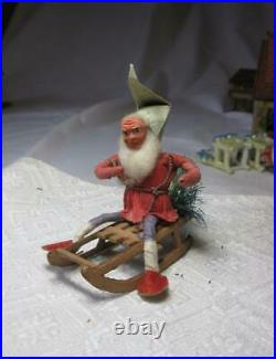 Sledding Gnome Elf Antique German Cotton Christmas Ornament Putz Vintage Tomte