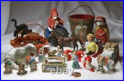 Sledding Gnome Elf Antique German Cotton Christmas Ornament Putz Vintage Tomte