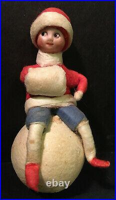Spun Cotton Heubach BOY w MUFF on SNOWBALL Antique Christmas German Ornament 4