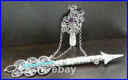 Stunning Antique 1830s German 800 Silver, Amethyst & Turquoise Sewing Chatelaine