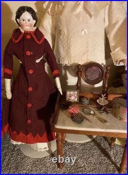 Superb 19 Antique 1850s Brown-Eyed Greiner China Lovely Period Costume & Boots
