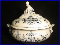 TUREEN vtg blue onion meissen boy figurine white soup antique german porcelain