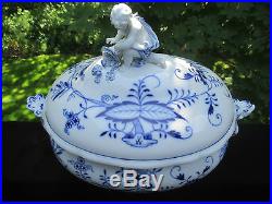 TUREEN vtg blue onion meissen boy figurine white soup antique german porcelain