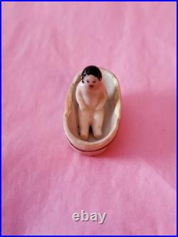 Tiny 1 Antique German Bisque Frozen Charlotte in Bathtub Dollhouse Doll Toy