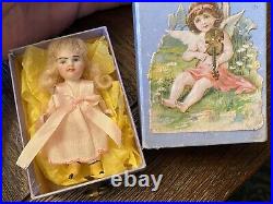 Tiny Antique German All Bisque 3.25 Yellow Boot Kestner Doll Small Die Cut Box