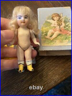 Tiny Antique German All Bisque 3.25 Yellow Boot Kestner Doll Small Die Cut Box