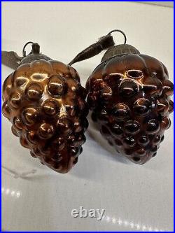 Two Antique Circa 1800 German Brown Grape Kugel Original Cap Christmas Ornaments
