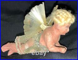 VICTORIAN CHRISTMAS WAX/COMPOSITION ORNAMENT ANGEL WithMOHAIR, SPUN GLASS WINGS