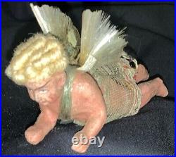 VICTORIAN CHRISTMAS WAX/COMPOSITION ORNAMENT ANGEL WithMOHAIR, SPUN GLASS WINGS