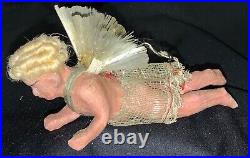 VICTORIAN CHRISTMAS WAX/COMPOSITION ORNAMENT ANGEL WithMOHAIR, SPUN GLASS WINGS