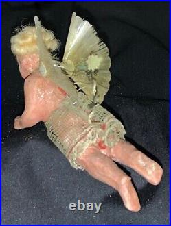 VICTORIAN CHRISTMAS WAX/COMPOSITION ORNAMENT ANGEL WithMOHAIR, SPUN GLASS WINGS