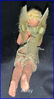 VICTORIAN CHRISTMAS WAX/COMPOSITION ORNAMENT ANGEL WithMOHAIR, SPUN GLASS WINGS