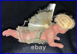 VICTORIAN CHRISTMAS WAX/COMPOSITION ORNAMENT ANGEL WithMOHAIR, SPUN GLASS WINGS