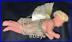 VICTORIAN CHRISTMAS WAX/COMPOSITION ORNAMENT ANGEL WithMOHAIR, SPUN GLASS WINGS