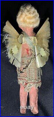 VICTORIAN CHRISTMAS WAX/COMPOSITION ORNAMENT ANGEL WithMOHAIR, SPUN GLASS WINGS