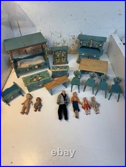 VTG Antique Dora Kuhn Dollhouse Furniture Set & German Bisque Family Doll Lot