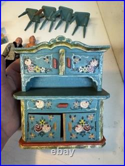 VTG Antique Dora Kuhn Dollhouse Furniture Set & German Bisque Family Doll Lot