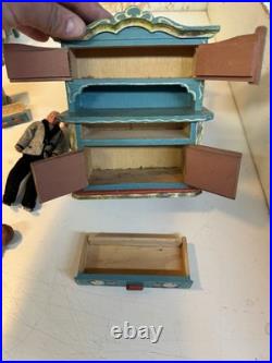 VTG Antique Dora Kuhn Dollhouse Furniture Set & German Bisque Family Doll Lot