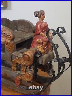 VTG Austrian German Hand Carved Painted Wooden Figure Iron Sleigh Folk Art Old