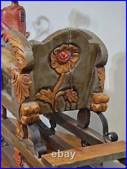 VTG Austrian German Hand Carved Painted Wooden Figure Iron Sleigh Folk Art Old
