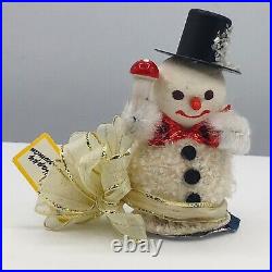 VTG Christmas Ornament German Flocked Snowman Table Cake Top Hat Mushroom Foil 1