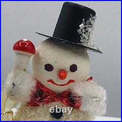 VTG Christmas Ornament German Flocked Snowman Table Cake Top Hat Mushroom Foil 1