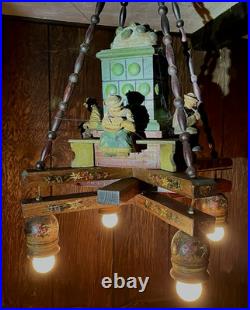 VTG German Black Forest Folk Art Wooden Chandelier Carved Figurines Hand Painted