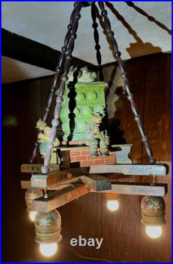 VTG German Black Forest Folk Art Wooden Chandelier Carved Figurines Hand Painted