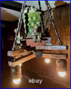 VTG German Black Forest Folk Art Wooden Chandelier Carved Figurines Hand Painted