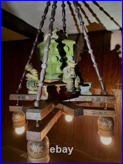 VTG German Black Forest Folk Art Wooden Chandelier Carved Figurines Hand Painted