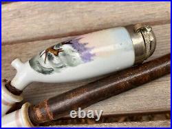 VTG LONG ANTIQUE GERMAN PORCELAIN PIPE PIPE WOOD STEM HUNTING w DEER 29.5 VTG LONG ANTIQUE GERMAN PORCELAIN PIPE PIPE WOOD STEM HUNTING w DEER 29.5