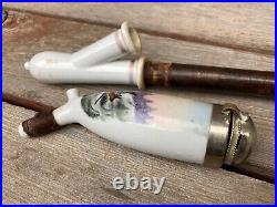 VTG LONG ANTIQUE GERMAN PORCELAIN PIPE PIPE WOOD STEM HUNTING w DEER 29.5 VTG LONG ANTIQUE GERMAN PORCELAIN PIPE PIPE WOOD STEM HUNTING w DEER 29.5