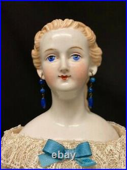 Very Rare Antique German China Doll with Blonde Fancy Hair and Pierced Ears