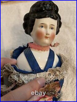 Very Unusual Rare Fancy Hair Antique German China 15.5 Doll In Orig Bunting
