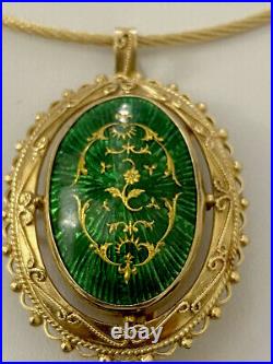 Vintage 14k Gold Green Enamel Guilloche Pendant German Rare