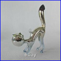 Vintage 1920's Bimini German Blown Art Glass CAT Christmas Ornament, Mercury