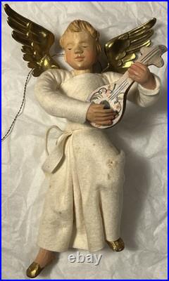 Vintage 1930's German Anna Fehrle Carved Wood Angel with Lute Christmas Ornament