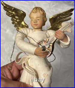 Vintage 1930's German Anna Fehrle Carved Wood Angel with Lute Christmas Ornament