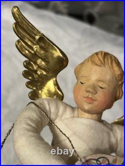 Vintage 1930's German Anna Fehrle Carved Wood Angel with Lute Christmas Ornament