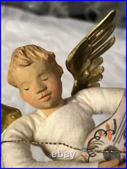 Vintage 1930's German Anna Fehrle Carved Wood Angel with Lute Christmas Ornament